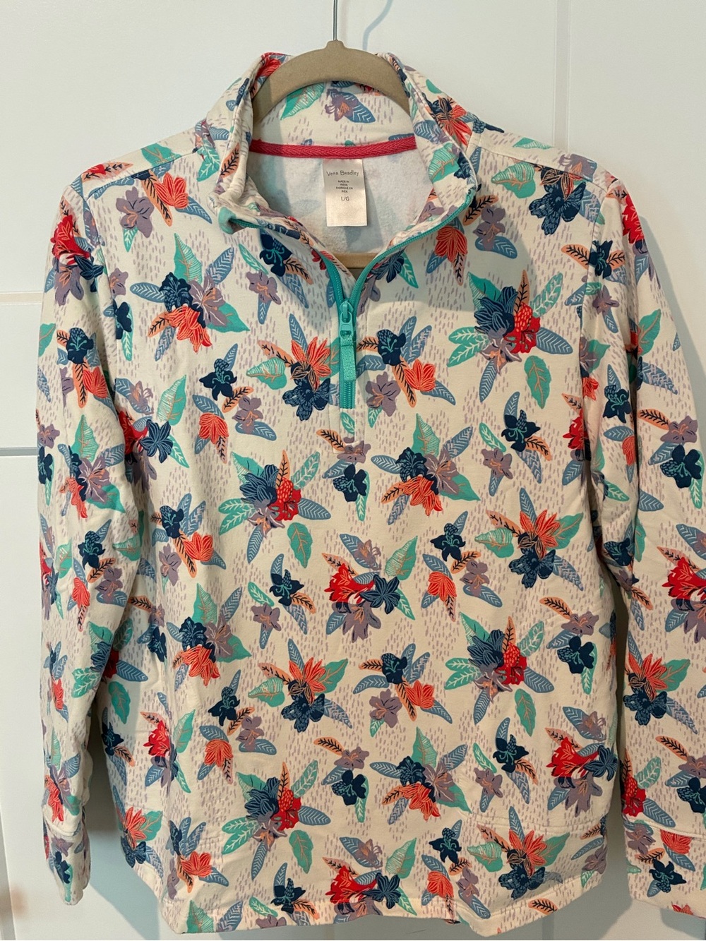 Vera Bradley Half-Zip Floral Pullover in Cream with Teal & Red Accents